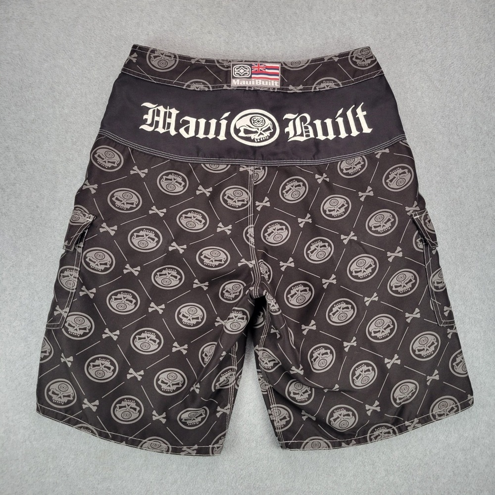 Maui Built Board Shorts Mens 32 Black Skull Crossbones Cargo Surf Trunks